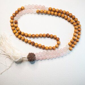 Sandalwood + Rose Quartz + Rudraksha Mala Bead Necklace - Yogi Surprise